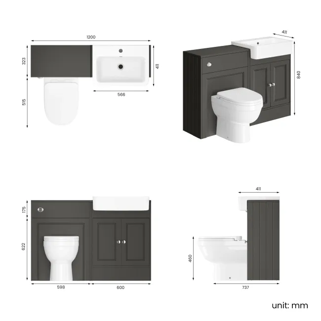 Monaco Graphite Grey Combination Vanity Basin and Seattle Toilet 1200mm