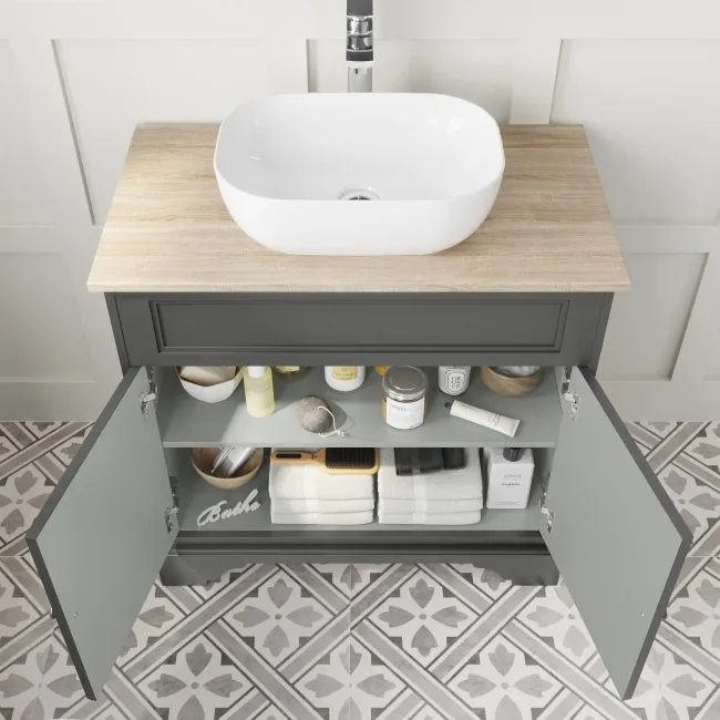 Lucia Graphite Grey Vanity with Oak Effect Top & Curved Counter Top Basin 840mm