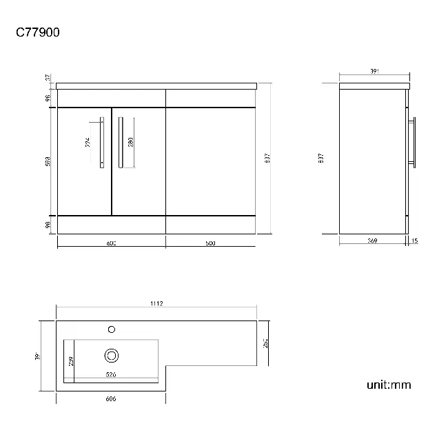 Avon Gloss White Basin Vanity and Back To Wall Unit 1100mm - Black Accents - Left Handed
