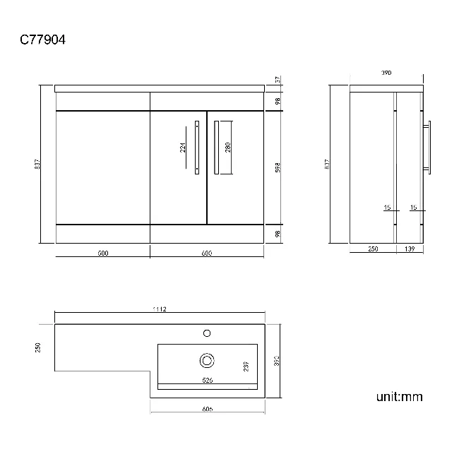 Avon Gloss White Basin Vanity and Back To Wall Unit 1100mm - Black Accents - Right Handed