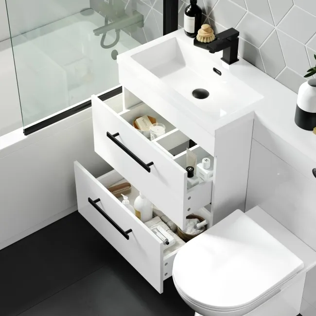 Avon Gloss White Combination Basin Drawer and Aruba Toilet 1100mm - Black Accents - Left Handed