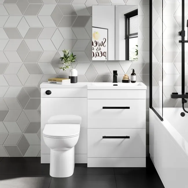 Avon Gloss White Combination Basin Drawer and Aruba Toilet 1100mm - Black Accents - Right Handed