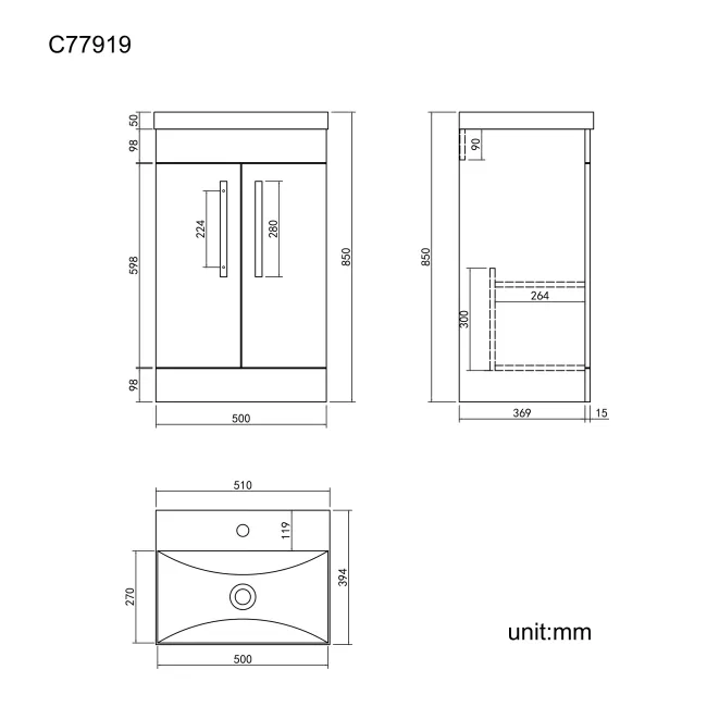 Avon Stone Grey Basin Vanity 500mm - Black Accents