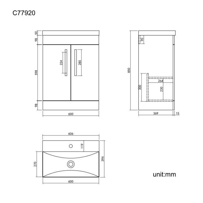 Avon Stone Grey Basin Vanity 600mm - Black Accents