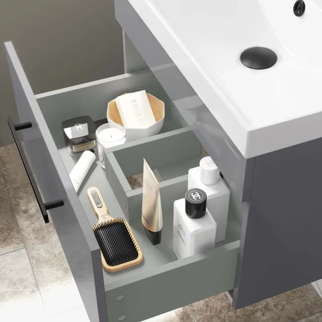 Avon Stone Grey Wall Hung Basin Drawer Vanity 600mm - Black Accents