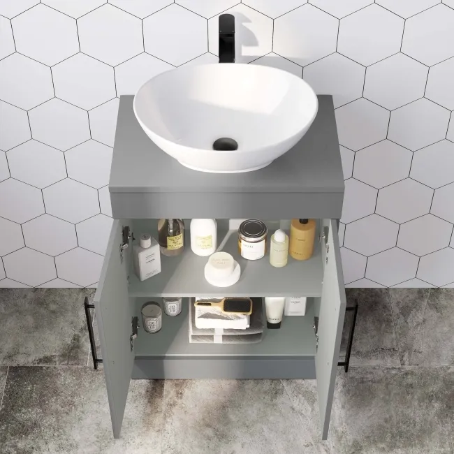 Avon Stone Grey Vanity with Oval Counter Top Basin 600mm - Black Accents