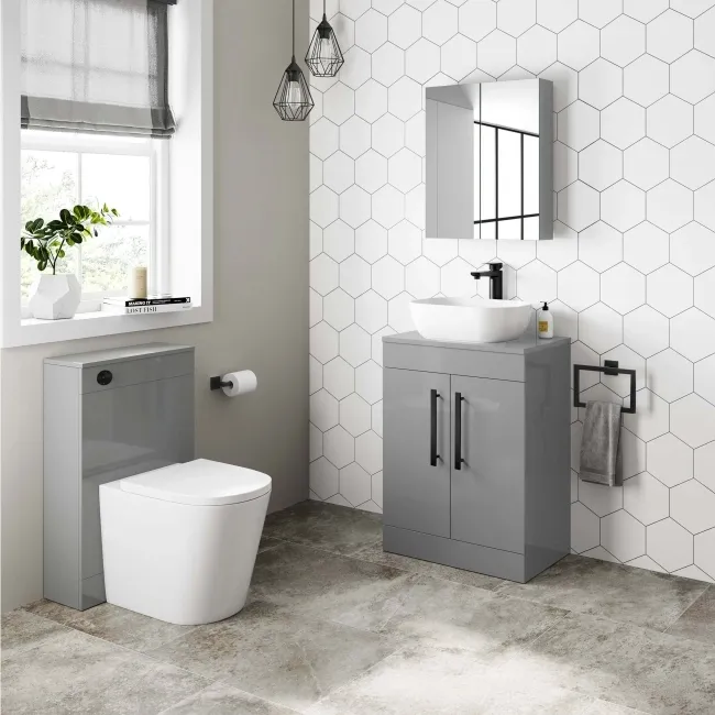 Avon Stone Grey Vanity with Curved Counter Top Basin 600mm - Black Accents