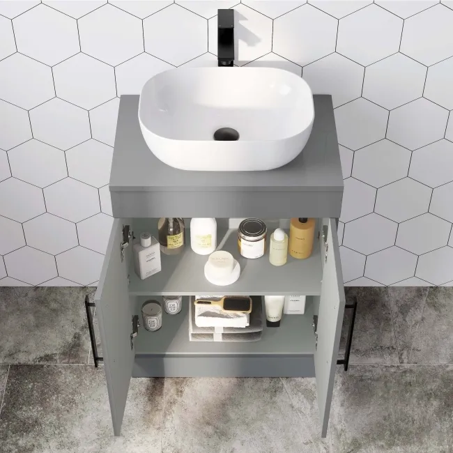 Avon Stone Grey Vanity with Curved Counter Top Basin 600mm - Black Accents