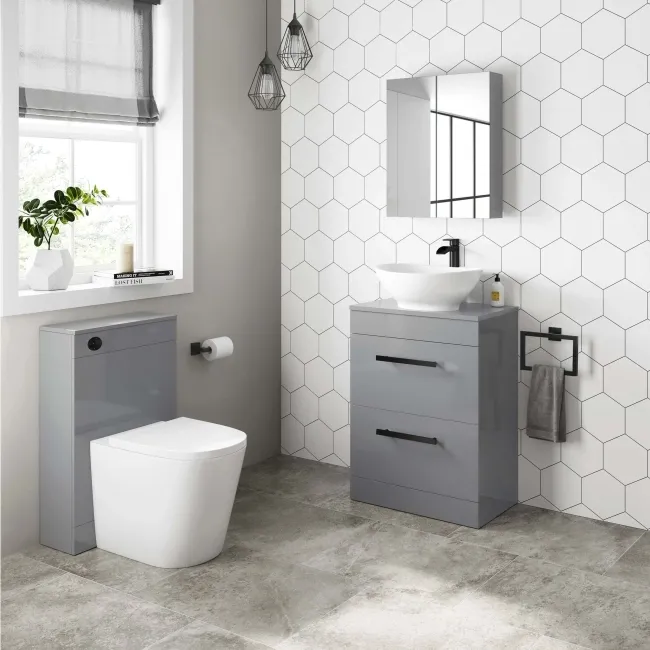 Avon Stone Grey Vanity Drawer with Oval Counter Top Basin 600mm - Black Accents