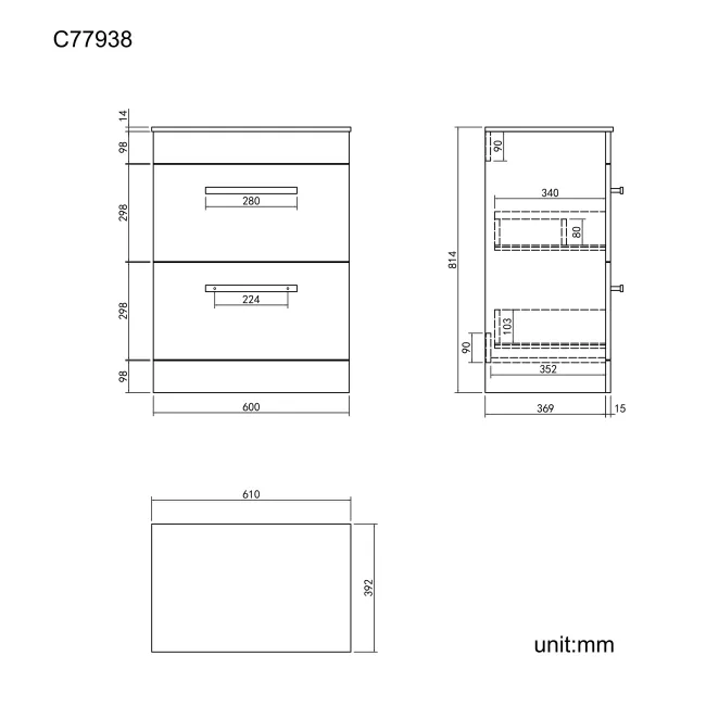 Avon Stone Grey Counter Top Vanity Drawer with Marble Top 600mm - Black Accents