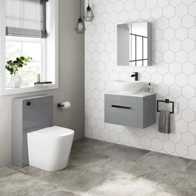 Avon Stone Grey Wall Hung Drawer Vanity with Marble Top & Oval Counter Top Basin 600mm - Black Accents