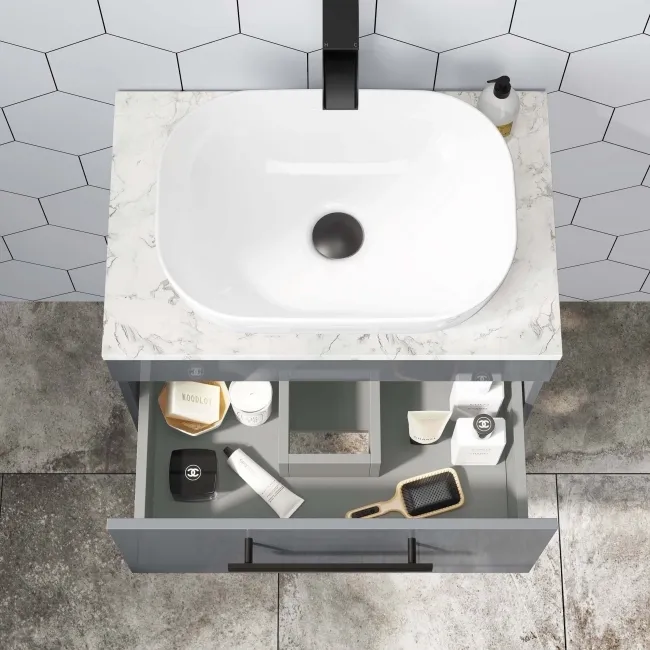 Avon Stone Grey Wall Hung Drawer Vanity with Marble Top & Curved Counter Top Basin 600mm - Black Accents