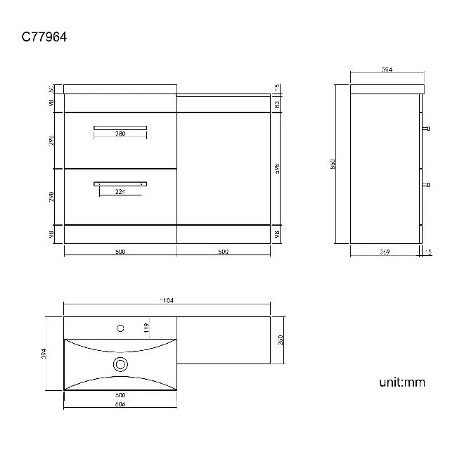 Avon Stone Grey Basin Drawer Vanity and Back To Wall Toilet Unit 1100mm (Excludes Toilet) - Black Accents  