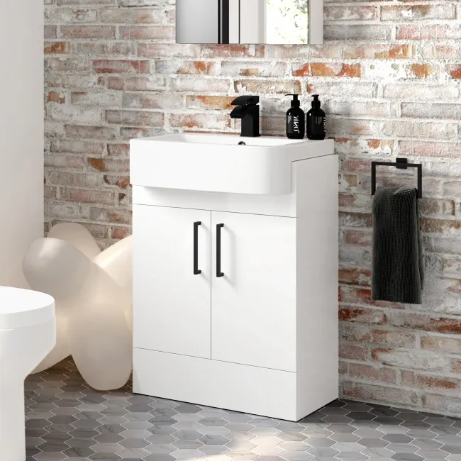 Harper Gloss White Vanity with Semi Recessed Basin 600mm - Black Accents