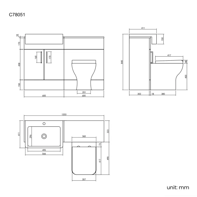 Harper Gloss White Combination Vanity Basin and Atlanta Toilet 1200mm - Black Accents