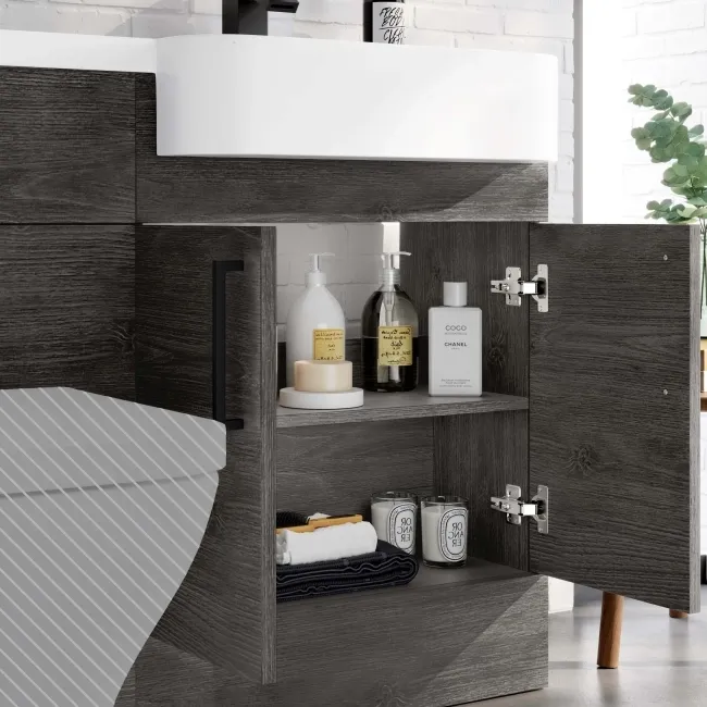 Harper Charcoal Elm Basin Vanity and Back To Wall Toilet Unit 1200mm - Black Accents - Right Handed