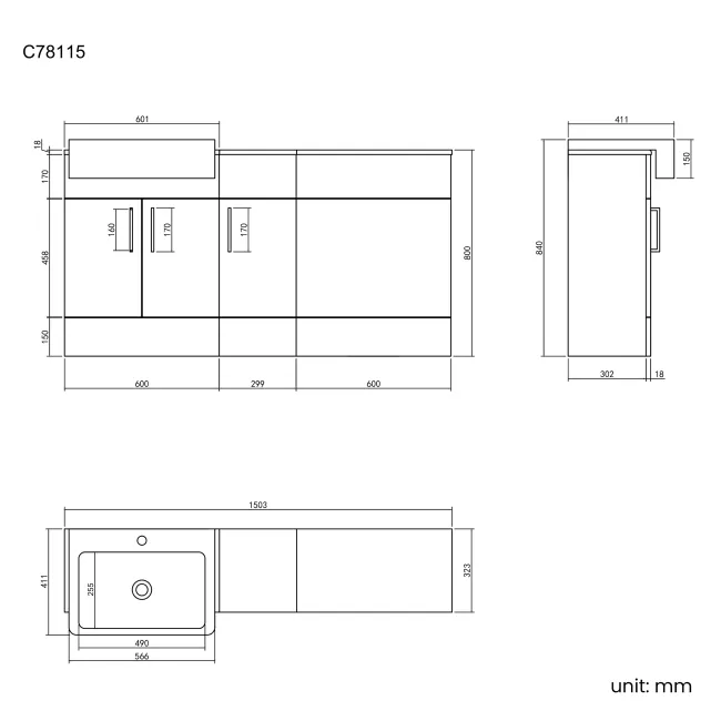 Harper Charcoal Elm Combination Vanity Basin 1500mm - Black Accents (Excludes Pan + Cistern)