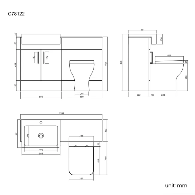 Harper Charcoal Elm Combination Vanity Basin with Marble Top & Atlanta Toilet 1200mm - Black Accents
