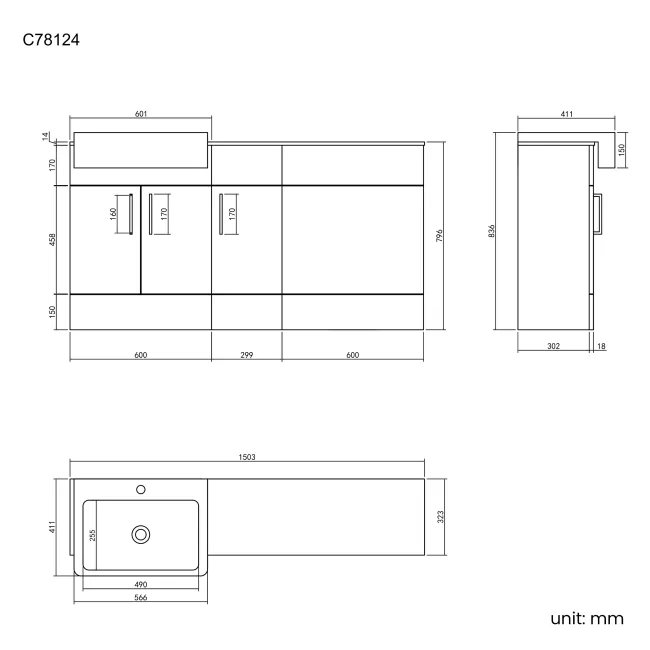 Harper Charcoal Elm Combination Vanity Basin with Marble Top 1500mm - Black Accents