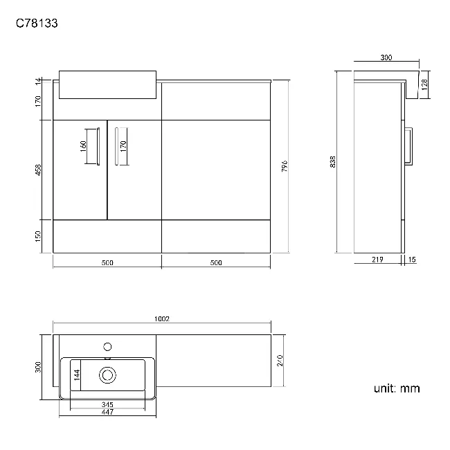 Harper Gloss White Basin Vanity With Marble Top and Back To Wall Toilet Unit 1000mm - Black Accents