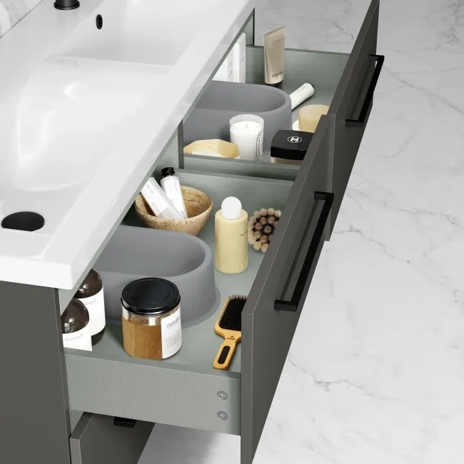 Elba Graphite Grey Wall Hung Double Basin Drawer Vanity 1200mm - Black Accents