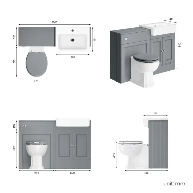 Monaco Dove Grey Combination Vanity Basin and Hudson Toilet with Wooden Seat 1200mm