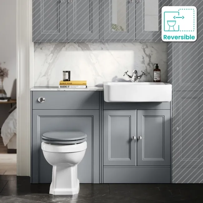 Monaco Dove Grey Combination Vanity Basin with Marble Top & Hudson Toilet with Wooden Seat 1200mm