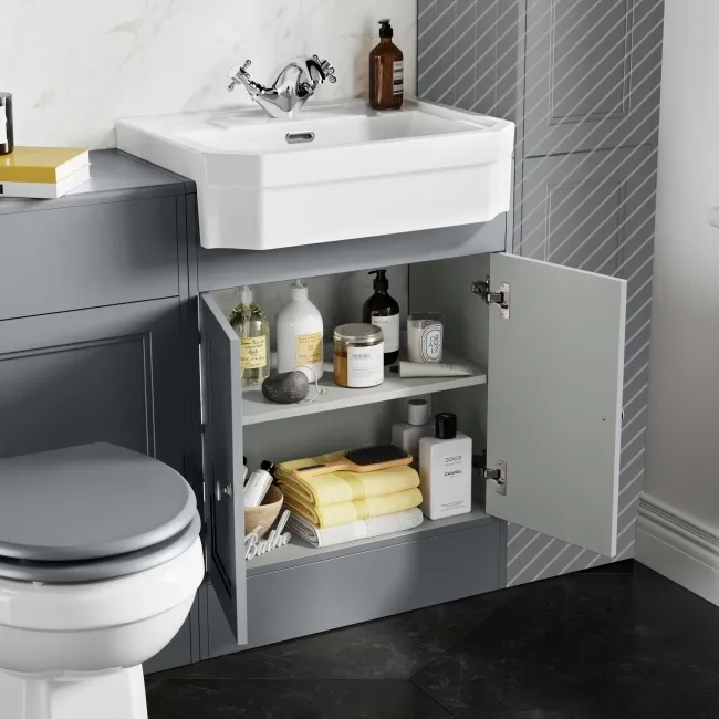 Monaco Dove Grey Combination Vanity Traditional Basin and Hudson Toilet with Wooden Seat 1200mm