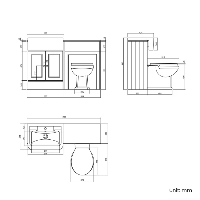 Monaco Dove Grey Combination Vanity Traditional Basin and Hudson Toilet with Wooden Seat 1200mm