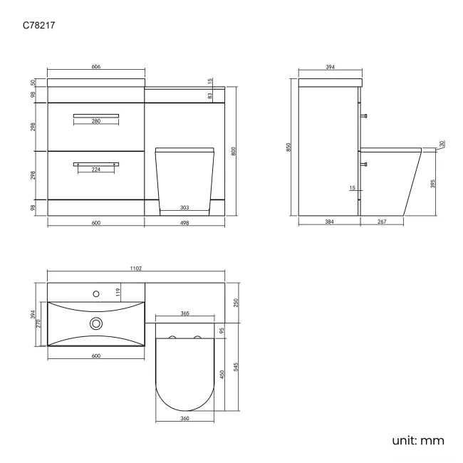 Avon Gloss White Combination Basin Drawer and Boston Toilet 1100mm