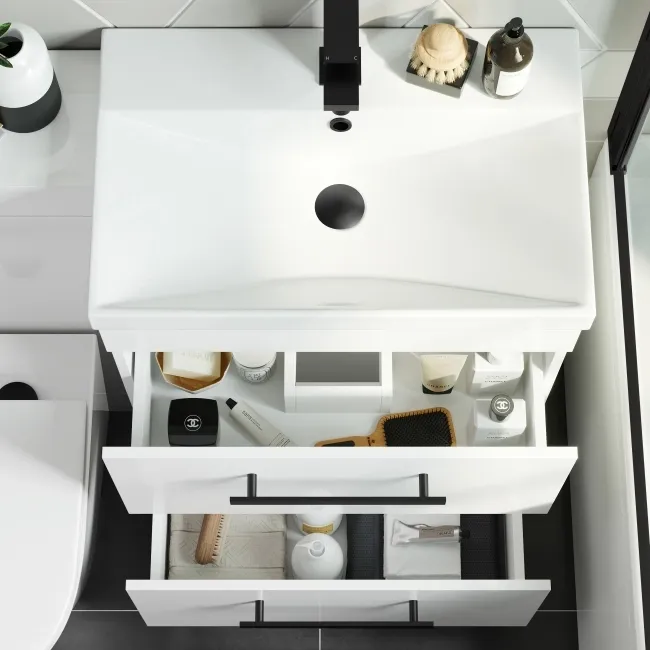 Avon Gloss White Combination Basin Drawer and Boston Toilet 1100mm - Black Accents