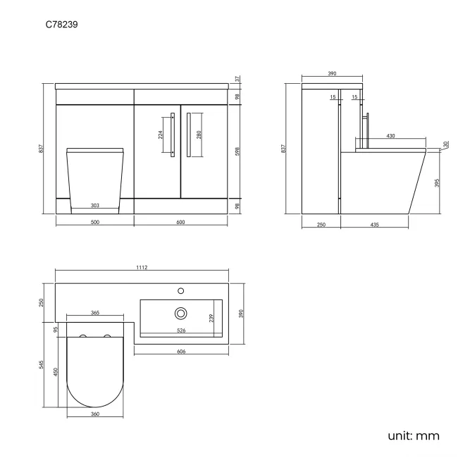 Avon Stone Grey Combination Vanity Basin and Boston Toilet 1100mm - Right Handed