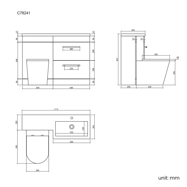 Avon Stone Grey Combination Basin Drawer and Boston Toilet 1100mm - Right Handed