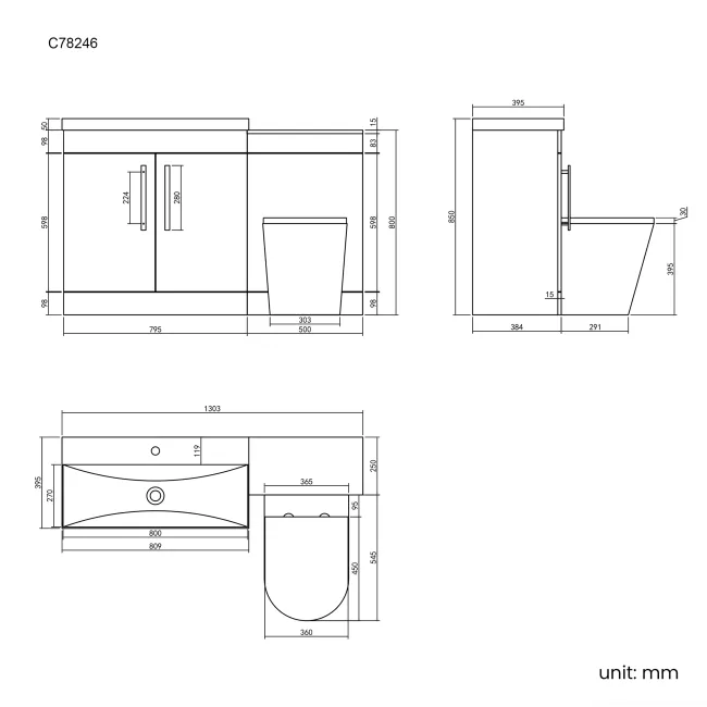 Avon Stone Grey Combination Vanity Basin and Boston Toilet 1300mm - Black Accents