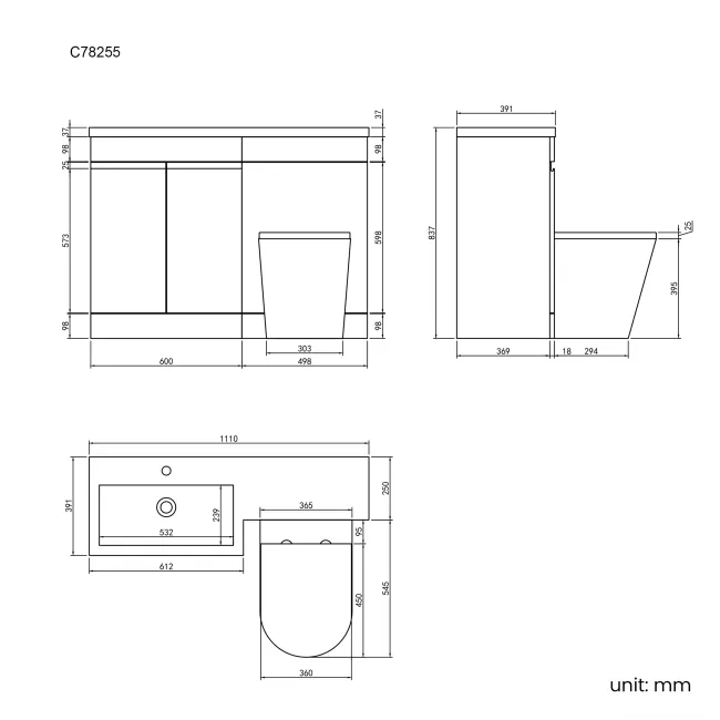 Trent Stone Grey Combination Vanity Basin and Boston Toilet 1100mm - Left Handed