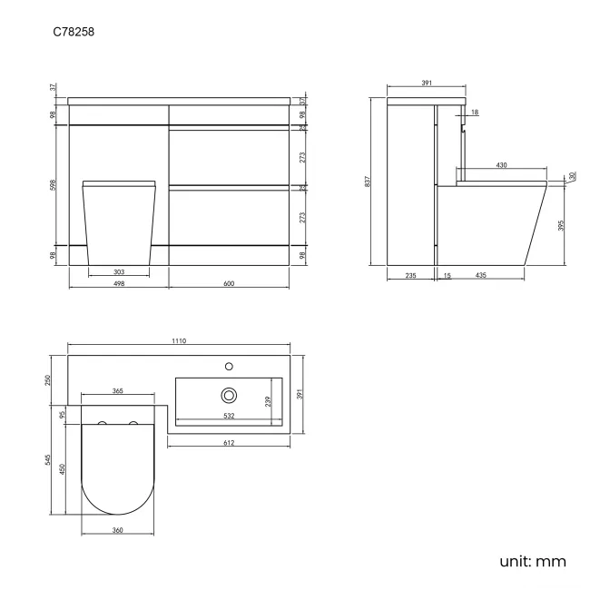 Trent Stone Grey Combination Basin Drawer and Boston Toilet 1100mm - Right Handed