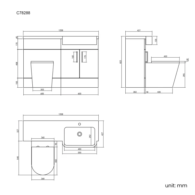 Harper Charcoal Elm Combination Vanity Basin and Boston Toilet 1200mm - Right Handed