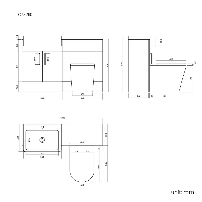 Harper Charcoal Elm Combination Vanity Basin with Marble Top & Boston Toilet 1200mm