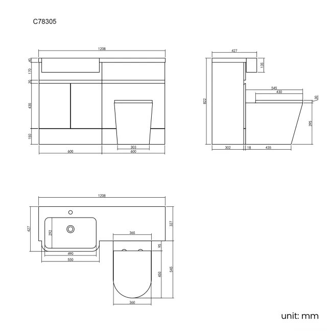 Foster Stone Grey Combination Vanity Basin and Boston Toilet 1200mm - Left Handed