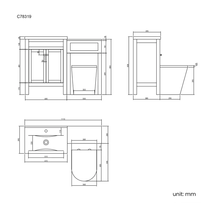 Bermuda Chalk White Combination Vanity Basin and Boston Toilet 1100mm