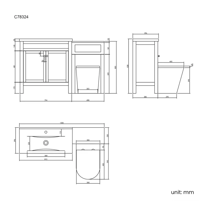 Bermuda Graphite Grey Combination Vanity Basin and Boston Toilet 1300mm