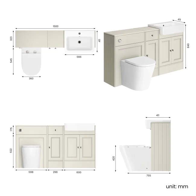Monaco Chalk White Combination Vanity Basin and Boston Toilet 1500mm