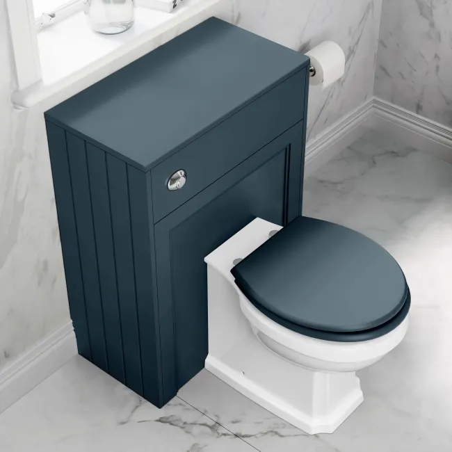 Traditional Inky Blue Back To Wall Unit and Hudson Toilet with Wooden Seat