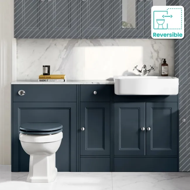Monaco Inky Blue Combination Vanity Basin with Marble Top and Hudson Toilet with Wooden Seat 1500mm