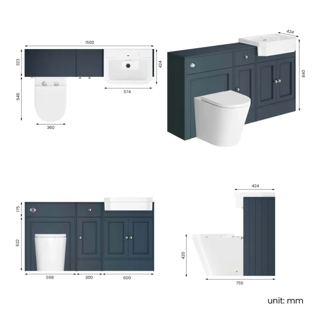 Monaco Inky Blue Combination Vanity Traditional Basin and Boston Toilet 1500mm