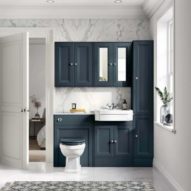 Monaco Inky Blue Combination Vanity Traditional Basin with Marble Top & Hudson Toilet with Wooden Seat 1200mm