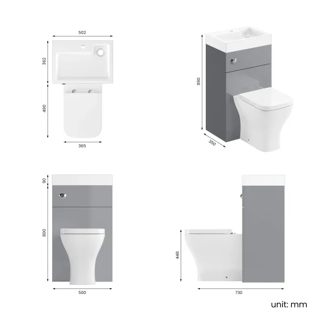 Ohio Stone Grey 2-In-1 Combined Wash Basin & Atlanta Toilet 500mm