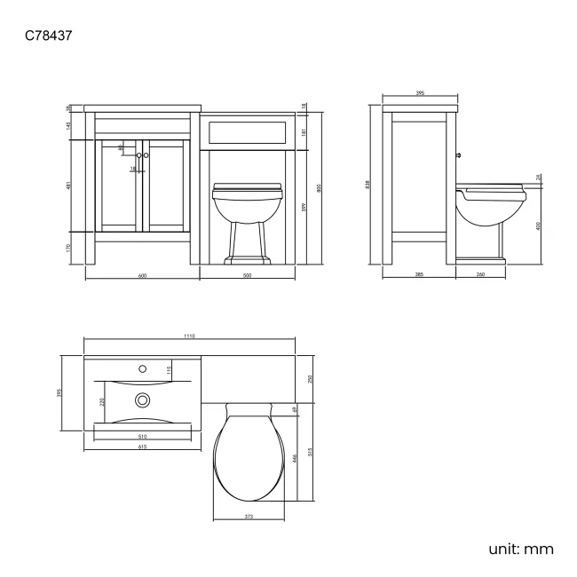 Bermuda Graphite Grey Combination Vanity Basin and Hudson Toilet with Wooden Seat 1100mm
