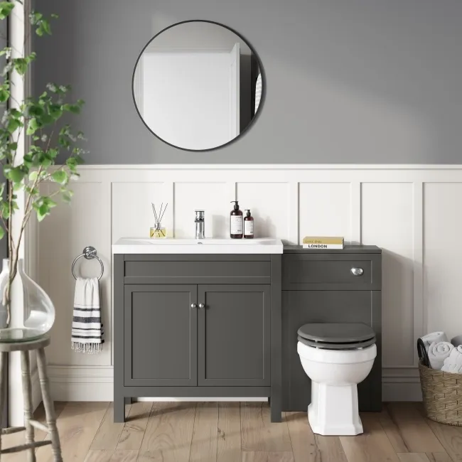 Bermuda Graphite Grey Combination Vanity Basin and Hudson Toilet with Wooden Seat 1300mm