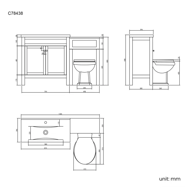 Bermuda Graphite Grey Combination Vanity Basin and Hudson Toilet with Wooden Seat 1300mm